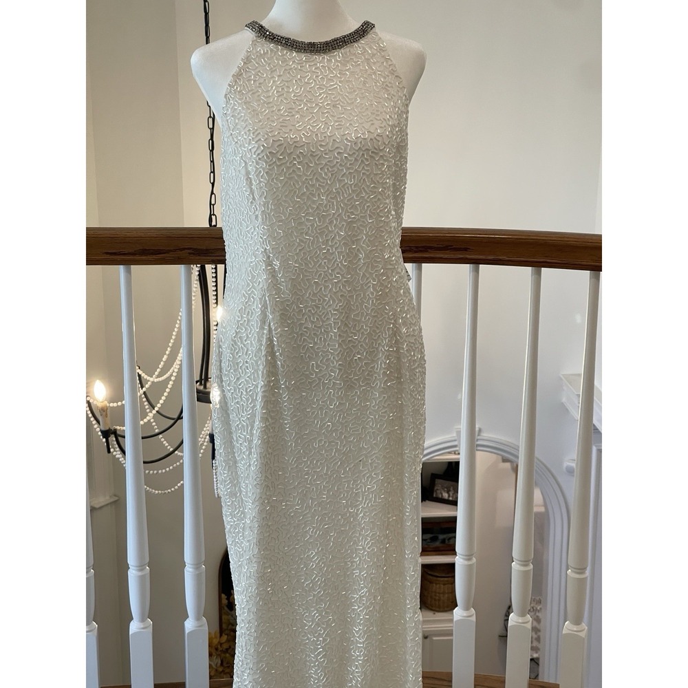 Mac Duggal Womens 10 White Beaded Sleeveless Halter Formal Long Gown Dress